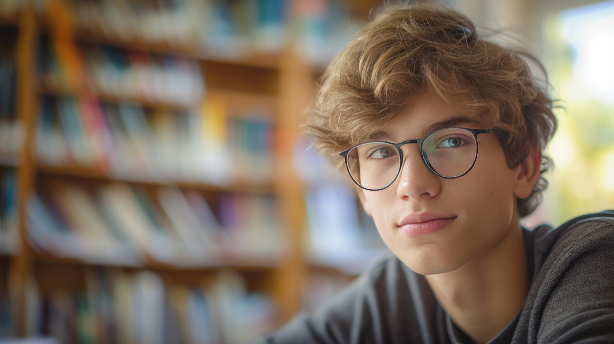 A student wearing glasses sits in a library.